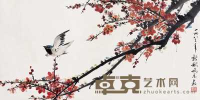 乔木 红花飞禽图 立轴 67×37cm